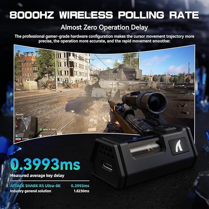 ATTACK SHARK R5 Ultra Wireless Gaming Mouse,39g Superlight Carbon Fiber Hollowed-Out,PAW3950MAX Optical Sensor Nordic 52840 MCU 8K Polling 42K DPI,BT/2.4G/USB-C Mice with Coiled Cable for PC/Mac-White
