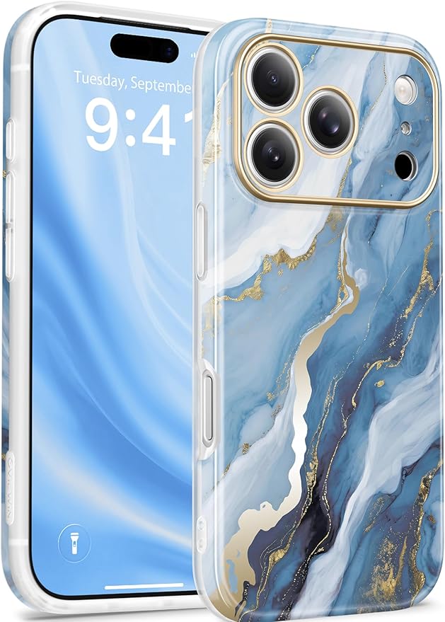 GVIEWIN for iPhone 17 Pro Case Compatible with MagSafe, [Full Camera Protection][Military-Grade Protection] Shockproof Protective Slim Magnetic Marble Phone Case for 17 Pro 6.3", Serene/Blue