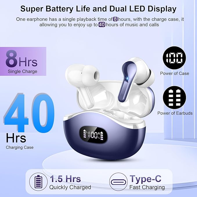 Wireless Earbuds, 48Hrs 2026 Bluetooth Headphones, Hi-Fi Stereo Deep Bass Ear Buds, ENC Noise Cancelling Mic, Clear Calls, IP-X7 Waterproof, USB Sport Earphone in Ear for Phones Laptop Pad, Navy Blue