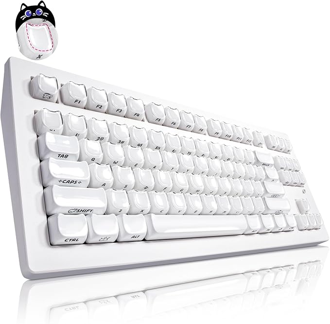 ZORNHER CG870 Wireless Mechanical Keyboard,80% White Gaming Keyboard, Creamy Keyboard,Cute Jelly Cat Clear Ceramic Jade Keycaps,Girly Aesthetics Kitty Keyboard,Creamy Sounding Linear Switches