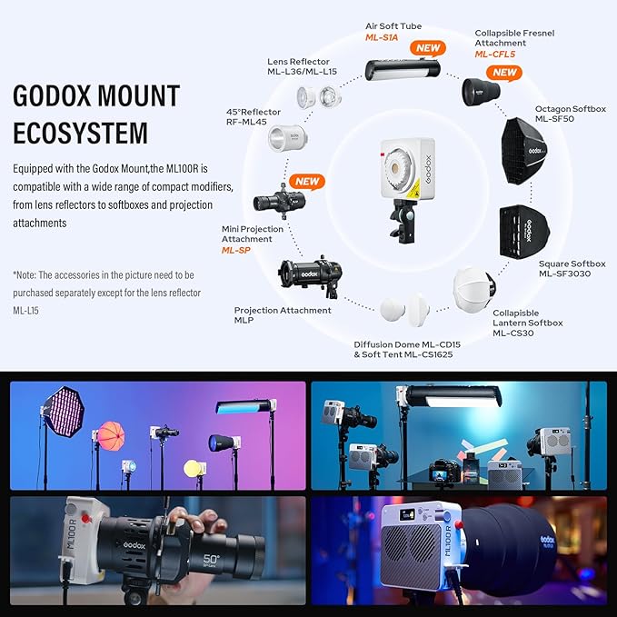 Godox ML100R RGB COB LED Video Light with Battery/Carry Case/Light Stand, Godox Mount 110W Full-Color 1800K-10000K CRI 97+/TLCI 98+ 14 FX Effects Support APP Control for Studio/Live Streaming/Outdoor