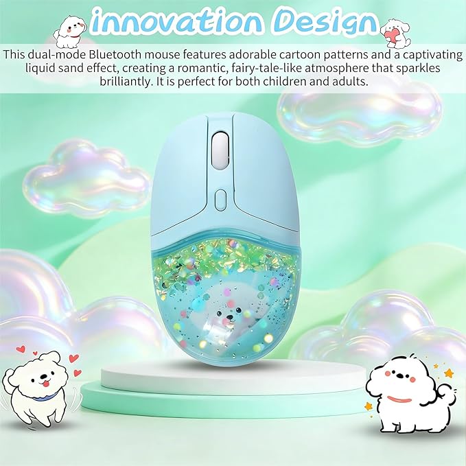 elec Space Wireless Bluetooth Mouse -Cute Clear Aqua Design, Glitter Liquid Sand Water Mouse with Optical Precision, Silent Clicks, LED Breathing Light,Transparent Retro Style for Home Office (Green)