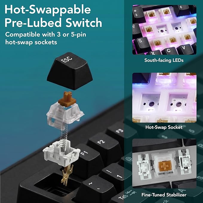 TECWARE Spectre 75 Mechanical Gaming Keyboard | Customizable LCD Screen Display & Knob | Tri-Mode Wireless Bluetooth 2.4GHz | Gasket Mount Hot Swappable | Black Cocoa Brown Tactile Switches