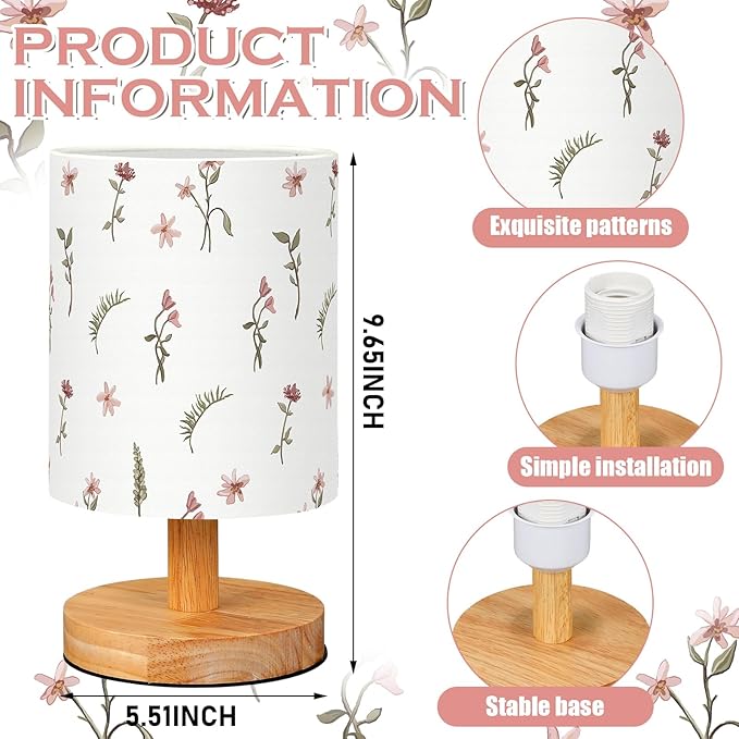 VIHOSE Boho Floral Bedside Table Lamp Vintage Nightstand Lamp with Linen Fabric Shade Solid Wood Base Decoration for Kids Living Room Bedroom Desk Dorm