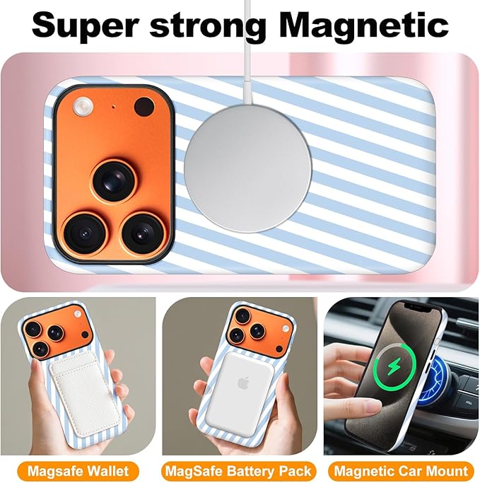 Magnetic for iPhone 17 Pro Case Cute Diagonal Stripes Phone Case, Shockproof Slim TPU and Hard PC Protective Phone Cover Compatible with MagSafe Designed for Women Girls,Blue