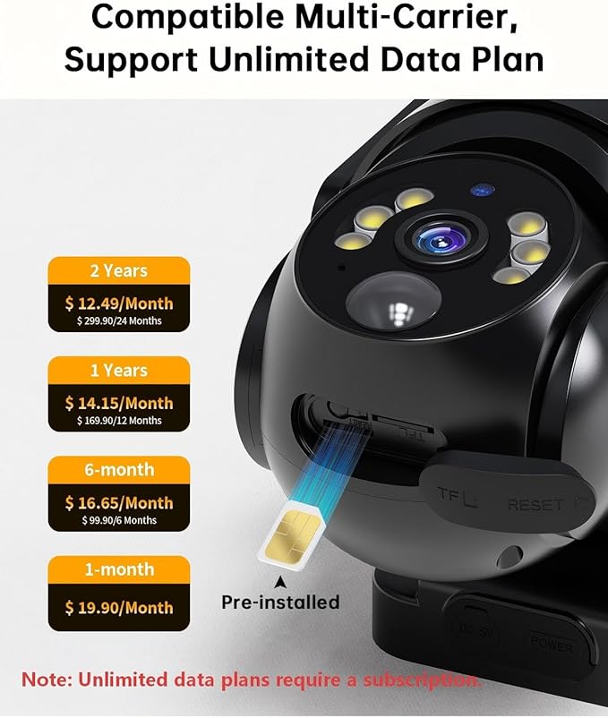 No WiFi Security Camera with Built-in 4G LTE SIM Card, 360° Panoramic View, 2K Live Video, Color Night Vision, Instant Alerts, Phone Access, Solar Cellular Camera Outdoor for Remote Area (2PC)