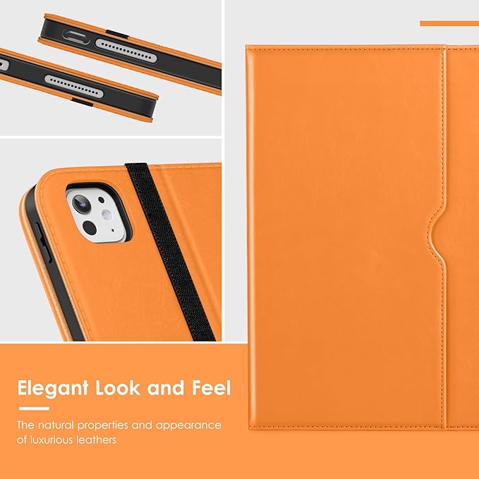 VIKESI Case for iPad Pro 13 (M4) 2024, Leather Stand Cover with Apple Pencil Holder, Auto Wake/Sleep, Multiple Viewing Angles, Built in Hand Strap & Pocket, Orange