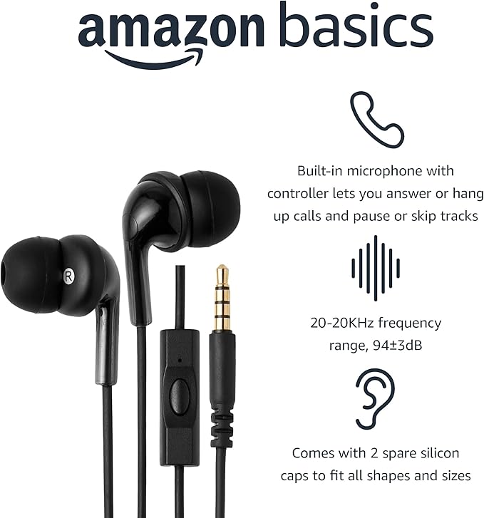 Amazon Basics Wired Earbuds with Microphone, In-Ear Headphones, 3.5mm Jack, High Definition Sound, Secure Fit, 4.2 ft Cable, S/M/L Ear Tips, Black