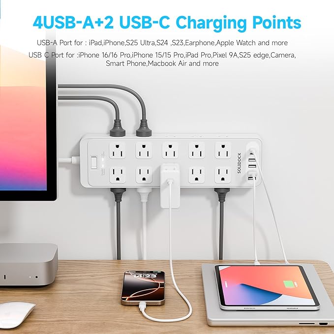 20 Outlet Power Strip with USB C,6Ft Extension Cord with Multiple Outlets, 2700 Joules Surge Protector,1875W/15A, ETL Listed for Home Office Dorm Gaming (White, 6FT)