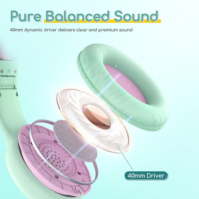 EarFun Kids Headphones Wired with Microphone, 85/94dB Volume Limit Headphones for Kids, Portable Wired Headphone with Shareport, Stereo Sound Foldable Headset for School/Tablet/iPad, Green Violet