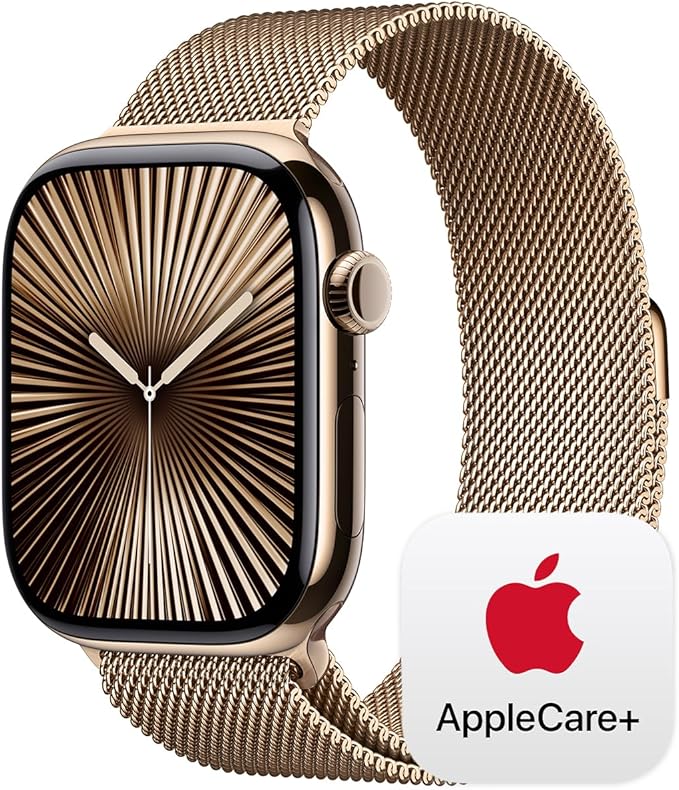 Apple Watch Series 10 [GPS + Cellular 46mm] with Gold Titanium Case with Gold Milanese Loop - M/L. Fitness Tracker, ECG App, Always-On Retina Display, Carbon Neutral with AppleCare+ (2 Years)