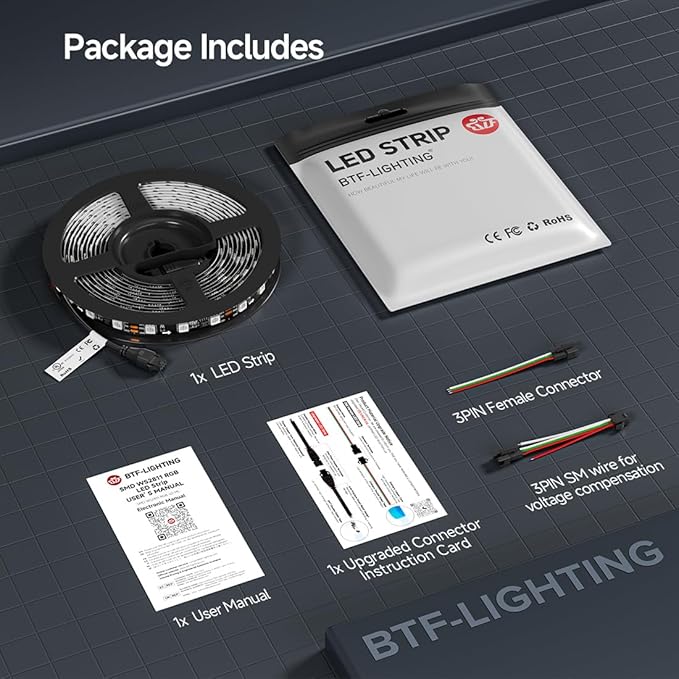 BTF-LIGHTING UL Listed WS2811 IC=RGB+IC Addressable Color RGB LED Strip,16.4FT 60LED/m 10Pixels/m,IP30 Black PCB Flexible DC12V Chasing Effect for Indoor Home Decor,3M Tape(No Adapter or Controller)