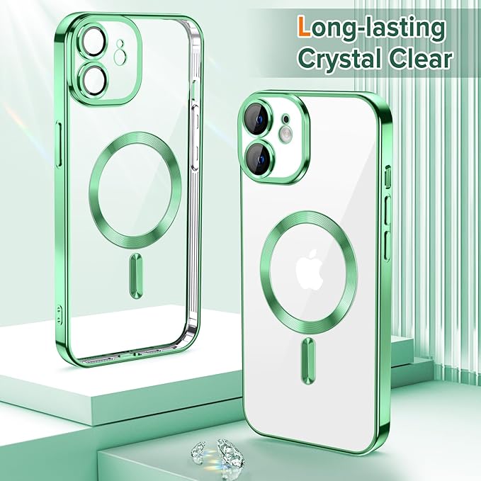 Hython Magnetic Clear for iPhone 12 Case with Camera Lens Protector [Compatible with MagSafe] Luxury Plating Edge Slim Soft TPU Cover Protective Phone Case for iPhone 12 6.1", Light Green