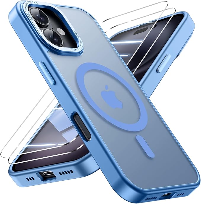 for iPhone 16 Case with 2X Screen Protectors [Compatible with MagSafe] Military Grade Drop Protection Skin Feeling Cover Shockproof Slim Fit iPhone 16 Phone Case 6.1 inch,Light Blue