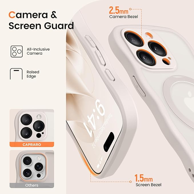 CAPRARO for iPhone 15 Pro Case with 360° Spin Magnetic Stand for Women, [Compatible with MagSafe] [Full Camera Protection] Cute Wave Translucent Matte Case for iPhone 15 Pro, Stone