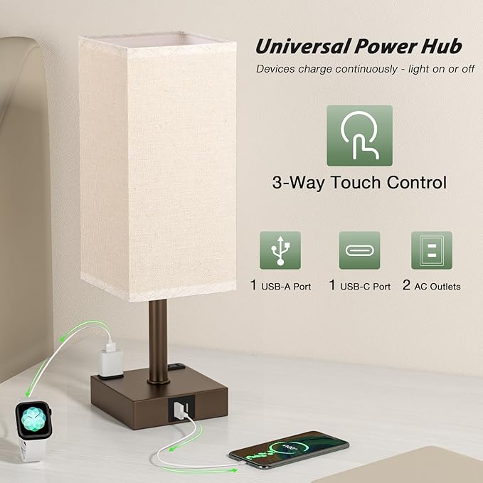 aooshine Brown Base Touch Lamps Set of 2 - Nightstand Lamp with USB-C + A Charge Ports & AC Outlets, 3-Way Dimmable Bedside Lamp, Small Table Lamp Light for Bedroom (Bulb Included)