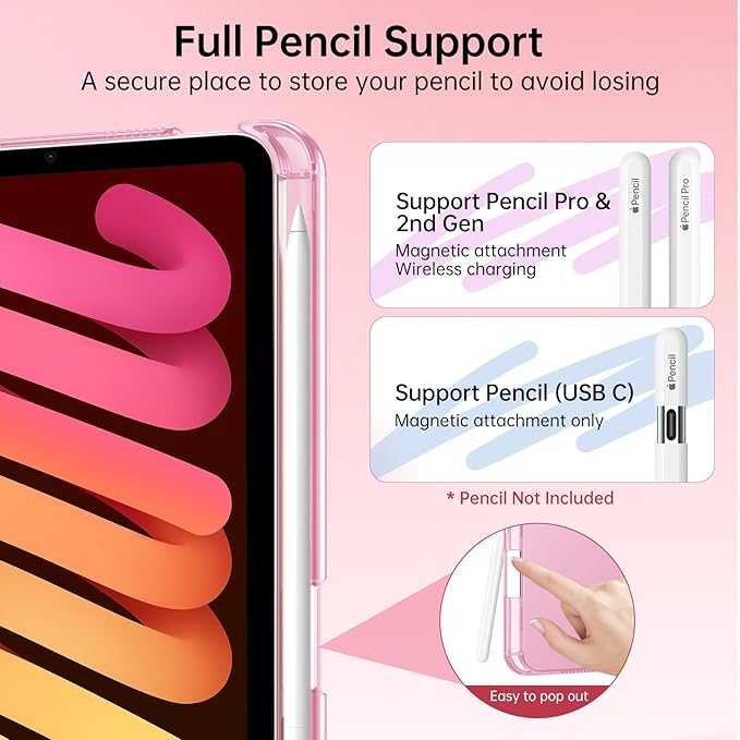 MoKo for iPad mini 7 A17 Pro Case 2024, iPad mini 6th Generation Case 8.3 Inch 2021 with Pencil Holder, Slim Light Trifold Smart Protective Cover with Hard PC Translucent Back Shell, Pink