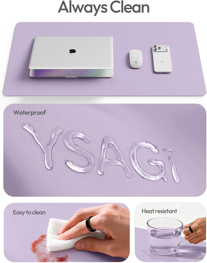 YSAGi PU Leather Desk Pad Protector – Non-Slip Waterproof Desk Mat for Office & Home, Easy Clean Large Mouse Pad & Laptop Writing Blotter 23.6"x13.8" Light Purple