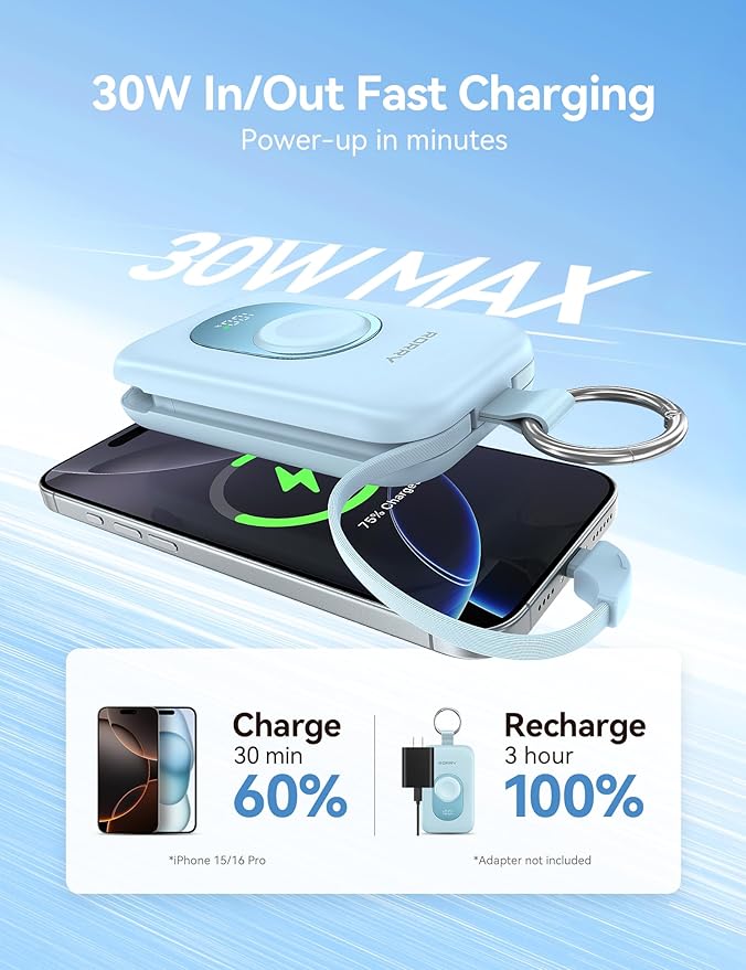RORRY CharmGo Portable Charger, 20000mAh PD 30W Portable Charger Power Bank with 2 Built-in Cables, Fast Charging Battery Pack with Keychain, Travel Essentials for iPhone, Apple Watch, iPad, Mulberry
