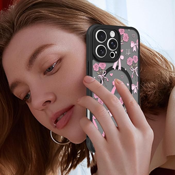KANGHAR Case Compatible with iPhone 16 Pro Max Bows Bouquet Pattern [Compatible with Magsafe] Cute Flowers Florals Protective Magnetic Case for Girls Women Men