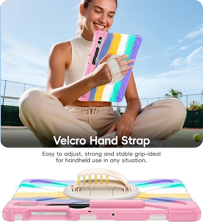 BRAECN for Samsung Galaxy Tab S10+ Plus/S9+/S9 FE + /S8+ Plus/S7 +Plus /S7 FE 12.4 Inch,Heavy Duty Shockproof Case with S Pen Holder&360 Rotating Hand Strap/Kickstand/Shoulder Strap -Rainbow