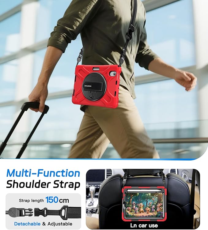 BRAECNstock Case for Apple iPad mini 7 (A17 Pro) 2024/ Mini 6 8.3", Shockproof Protective with Pencil Holder, Screen Protector, Rotating Hand Strap & Stand, Kids Case for iPad mini 7th/6th Gen, Red