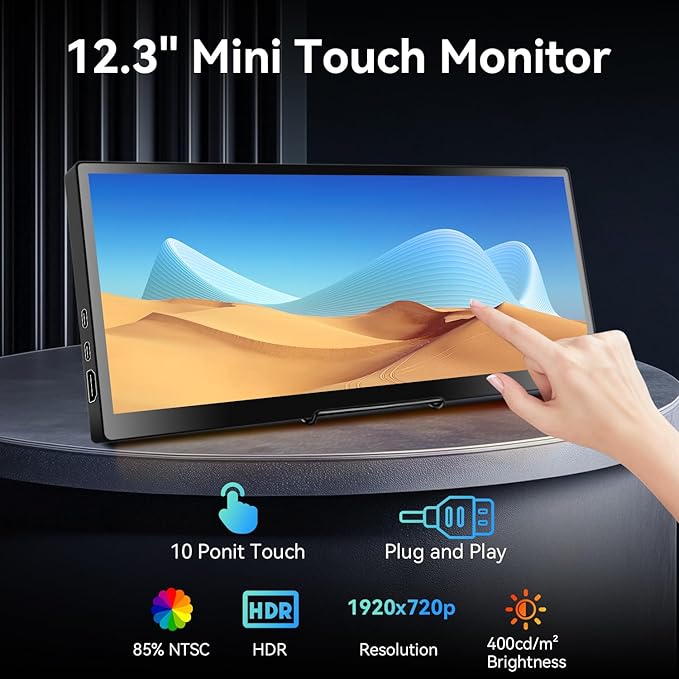 12.3 Portable Touchscreen Monitor,1920*720 IPS Mini Touch Screen,Travel Display with Foldablestand & Speaker, HDMI USBC CNC External Monitor for Laptop Phone Aida64 GPU CPU RAM Monitoring, VESA