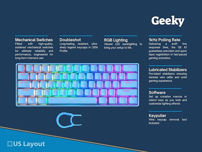 Geeky GK61 SE 60% | Mechanical Gaming Keyboard | 61 Keys Multi Color RGB LED Backlit for PC/Mac Gamer | ANSI US American Layout (Blue, Mechanical Speed Yellow)