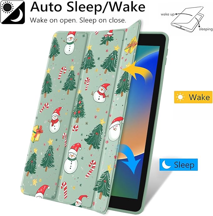 JOYLAND Lovely Christmas Snowman Case for iPad Air 11 Inch M3(2025) / M2(2024), iPad Air 5th(2022) / 4th (2020) Gen 10.9 Inch, Clear Hard Back Green Case with Pencil Holder Trifold Stand Tablet Cover
