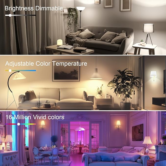 FRIDEKO HOME LED Smart Light Bulbs - Wi-Fi & Bluetooth Light Bulbs, Color Changing Light Bulb Compatible with Alexa and Google Assistant, A19 E26 RGBTW Light Bulb, 800LM (6 Pack)