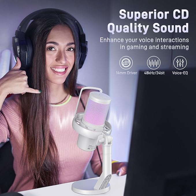 MAONO Wireless Gaming Microphone, USB Condenser Mic with Software, Noise Cancellation, AI Voice Changer, RGB Lights, Mute, Gain for Streaming Recording Podcast Computer PC Laptop, DM40 White