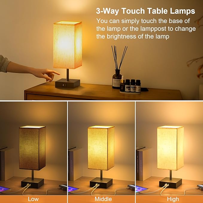 comzler Bedside Lamp, Touch Control Table Lamp for Bedroom, Small Nightstand Lamp with 3 Way Dimmable, USB-C + A Ports for Bedroom, Home Decor, Living Room, LED Bulbs Included, Upgraded Fabric Shade