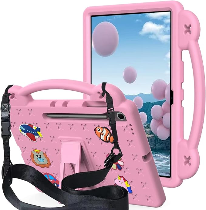 AKABEILA Compatible with Samsung Galaxy Tab A11+ 2025 Tablet Case, Kids Friendly Universal Lightweight Shockproof Protective Case with Shoulder Strap & Stand Handle Pink