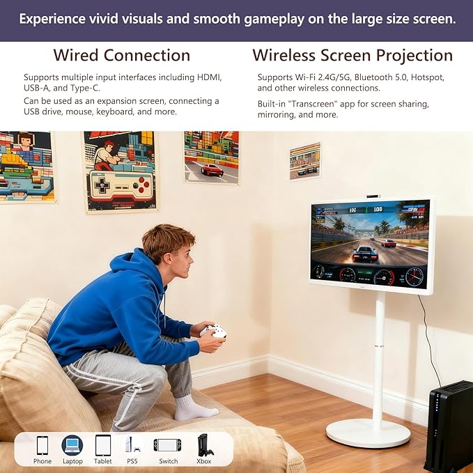 OFD 32" FHD Smart Portable TV on Wheels,Rolling TV Stand Tablet Android15 OS,6+128GB Storage,Built-in 9600mAh Battery,8MP Webcam,Speaker,Portable Smart TV Touchscreen with Remote,EDLA,Fully Rotatable