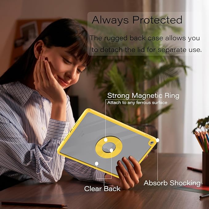ZENLU iPad 9th 8th 7th Generation Magnetic Case with Removable Folio Cover, Premium Semi-Silicone Leather, Vertical Stand, Clear Back, Smart Sleep/Wake, Full Protective Case for 10.2" iPad (Yellow)