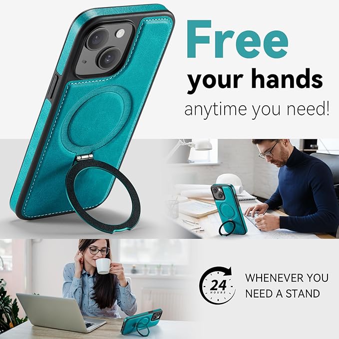 for iPhone 15 Plus Case with Stand, Compatible with MagSafe, Slim PU Leather & Durable TPU Protective Magnetic Kickstand Cover Drop-Proof with Tempered Glass Screen Protector 6.7", Turquoise