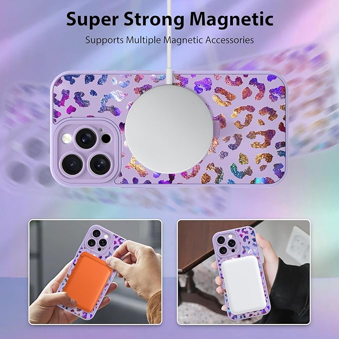 KANGHAR Compatible with iPhone 16 Pro Max Case, Support for MagSafe, Silicone Cute Iridescent Leopard Cheetah Pattern, Wristband Kickstand Shockproof Protective Slim Cover for Women Girls, Purple