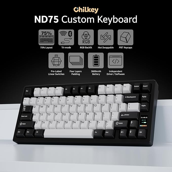 Chilkey ND75 Aluminum Keyboard 75% Percent Wireless Gaming Mechanical Keyboard with LCD Screen, Quick Assembly, BT/2.4G/USB-C, Hot Swappable Per-key RGB Custom Black Key Board for Laptop Office PC