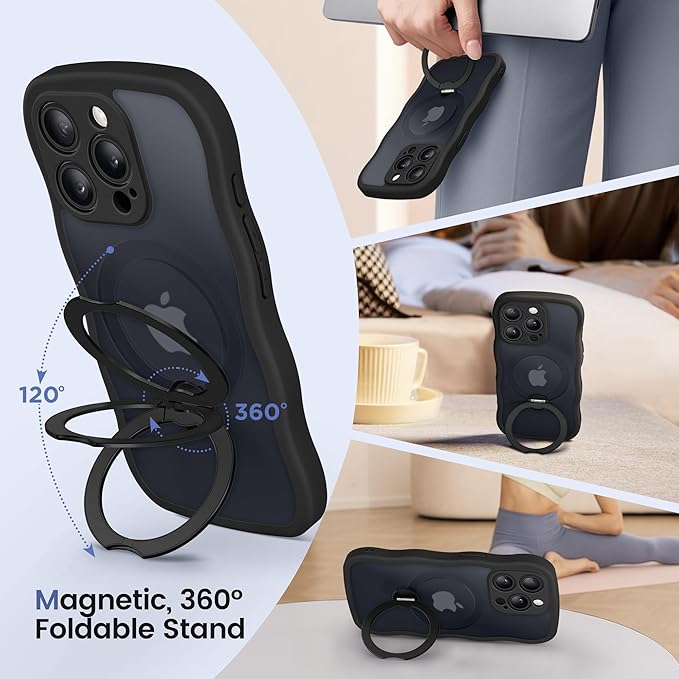CAPRARO for iPhone 13 Pro Case with 360° Spin Magnetic Stand for Women, [Compatible with MagSafe] [Full Camera Protection] Cute Wave Translucent Matte Case for iPhone 13 Pro, Black