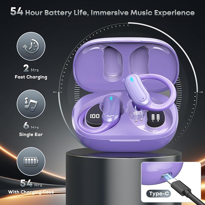 Wireless Earbuds Bluetooth 5.4 Headphones, 54H Playtime Stereo Earphones with Noise Cancelling Mic, IPX7 Waterproof, Fast Charging and Comfort Fit Ear Buds for Fitness/Sports/Workouts/Travel Purple