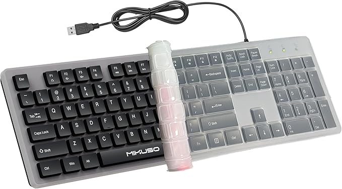 Wired Full Size Keyboard, 104 Keys Laser-Etched Non-Fade, 1.6m USB-A Cord, Spill-Resistant with Dust Cover, Ergonomic for Windows Mac PC Laptop, Office Home Business Programming