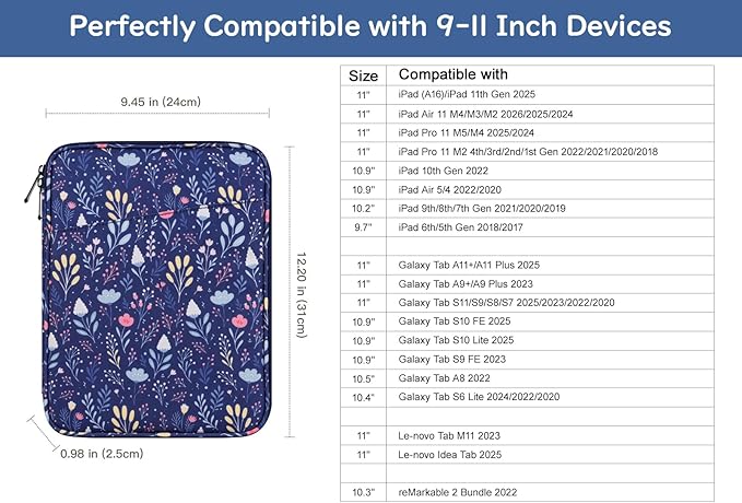 Dadanism 9-11" Tablet Sleeve Bag Carrying Case for iPad (A16) 11th Gen 11", iPad 10th Gen 10.9" Air 5/4, iPad Air M4/Pro 11", iPad 9/8/7th, Galaxy Tab A11+ Plus 11", Remarkable 2 10.3", Night Blue