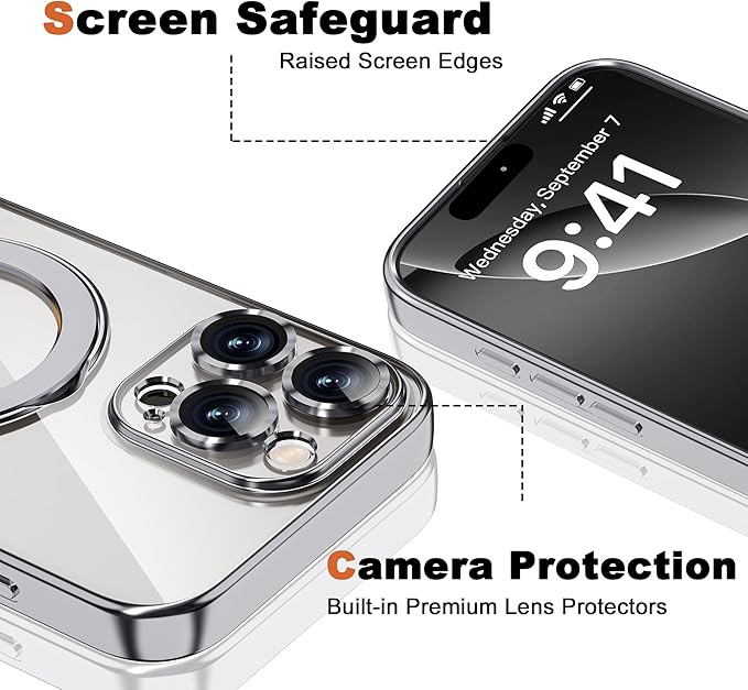Compatible with iPhone 16 Pro Case with Invisible Magnetic Ring Stand [Compatible with Mag-Safe] [Full Camera Lens Protector] Plating Clear Phone Case for iPhone 16 Pro 6.3", Silver