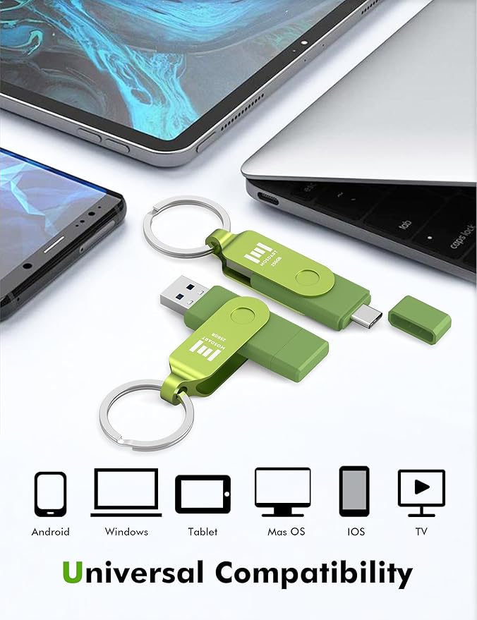 MOSDART 256GB USB C 3.2 Fast Speed C and A Dual Flash Drive, exFAT Memory Stick with Keychain and LED Indicator, for iPhone 15,16,17, Android Phone, iPad, MacBook, and Other Laptops, Green