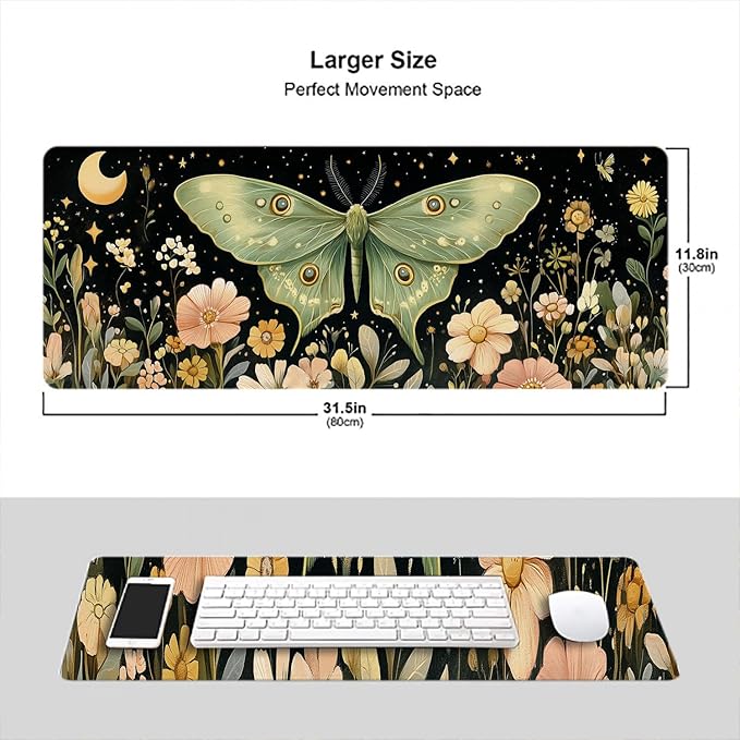 Moon Phase Moth Garden Desk Mat Luna Moth Flowers Mousepad XL Large Gaming Mouse Pad Laptop Keyboard Mat Desk Pad 31.5"x11.8" Office Computer Keyboard Laptop Home