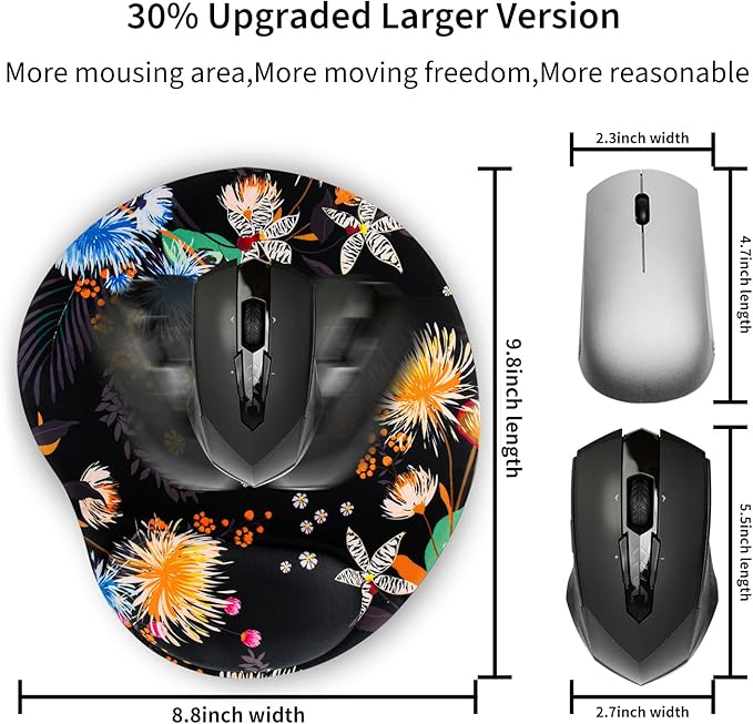 Ergonomic Mouse Pad with Wrist Support,Cute Mouse Pads with Wrist Rest,Comfortable Mouse Pad for Home Office Gaming Working Computers Laptop,Pain Relief with Non-Slip PU Base (Black Floral)
