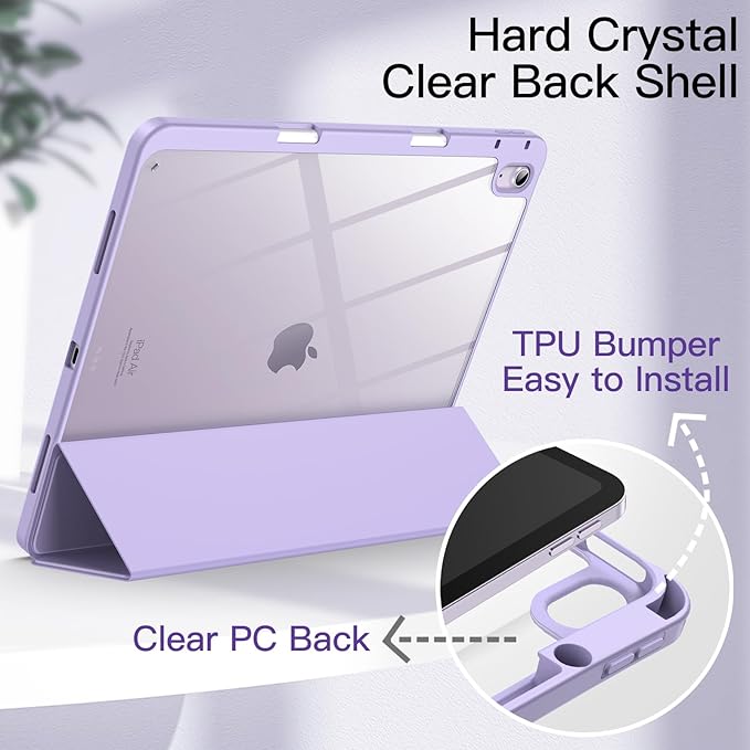 JETech Case for iPad Air 13-Inch M4/M3/M2 (2026/2025/2024) with Pencil Holder, Clear Transparent Back Shell Slim Stand Shockproof Tablet Cover, Auto Wake/Sleep (Purple)