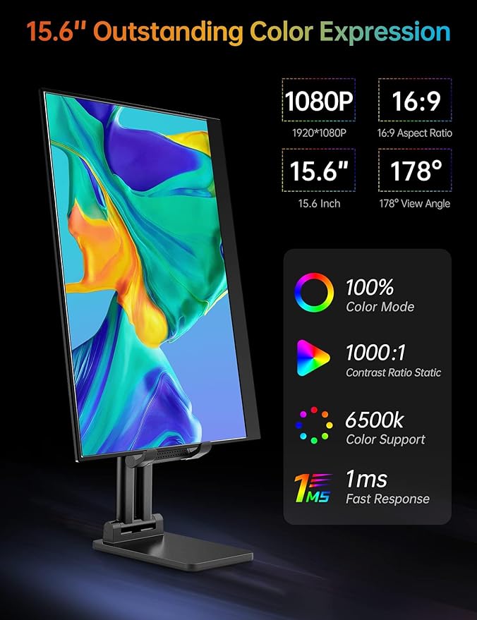 VILVA Portable-Monitor-for-Lapto - 15.6'' 1080P FHD IPS Display USB-C HDMI Portable Monitor for Laptop with Cover and Speakers External Monitor for Laptop/PC/Mac/Phone/Xbox Switch/PS4/