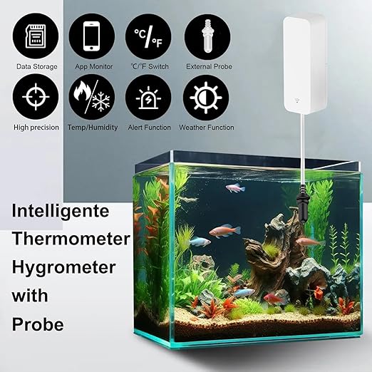 Smart Thermometer Hygrometer with Probe, WiFi Aquarium Temperature Humidity Gauge with App Remote Monitor, Indoor Refrigerator Thermometer Sensor, Data Storage&Export, Compatible with Alexa. 2PCS