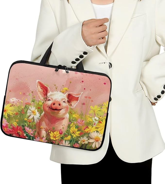 Pink Pig Floral 15 Inch Laptop Sleeve, Cute Computer Bag Tablet Carrying Case Laptop Cover Tote Bags Notebook Sleeves Handbag Messenger Briefcase for Travel/Work/School
